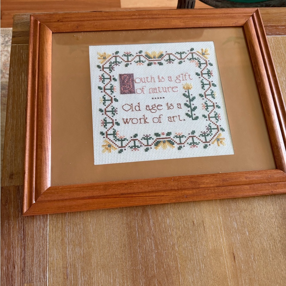 Framed Cross Stitch Wall Art - Floral Motif in Green & Yellow